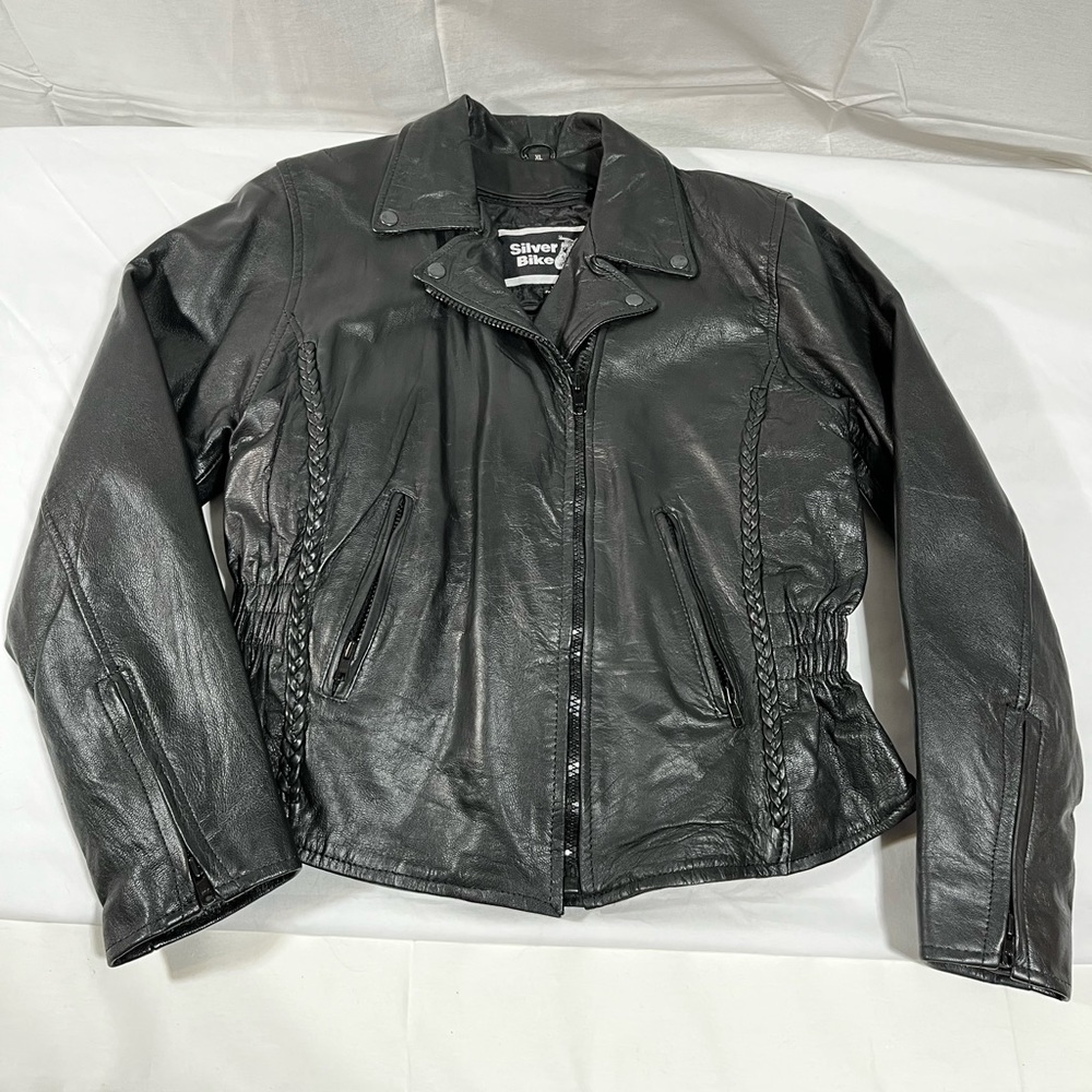Women’s Leather Jacket Harley Davidson Patch Silver Bike XL Zip-out Liner EUC.